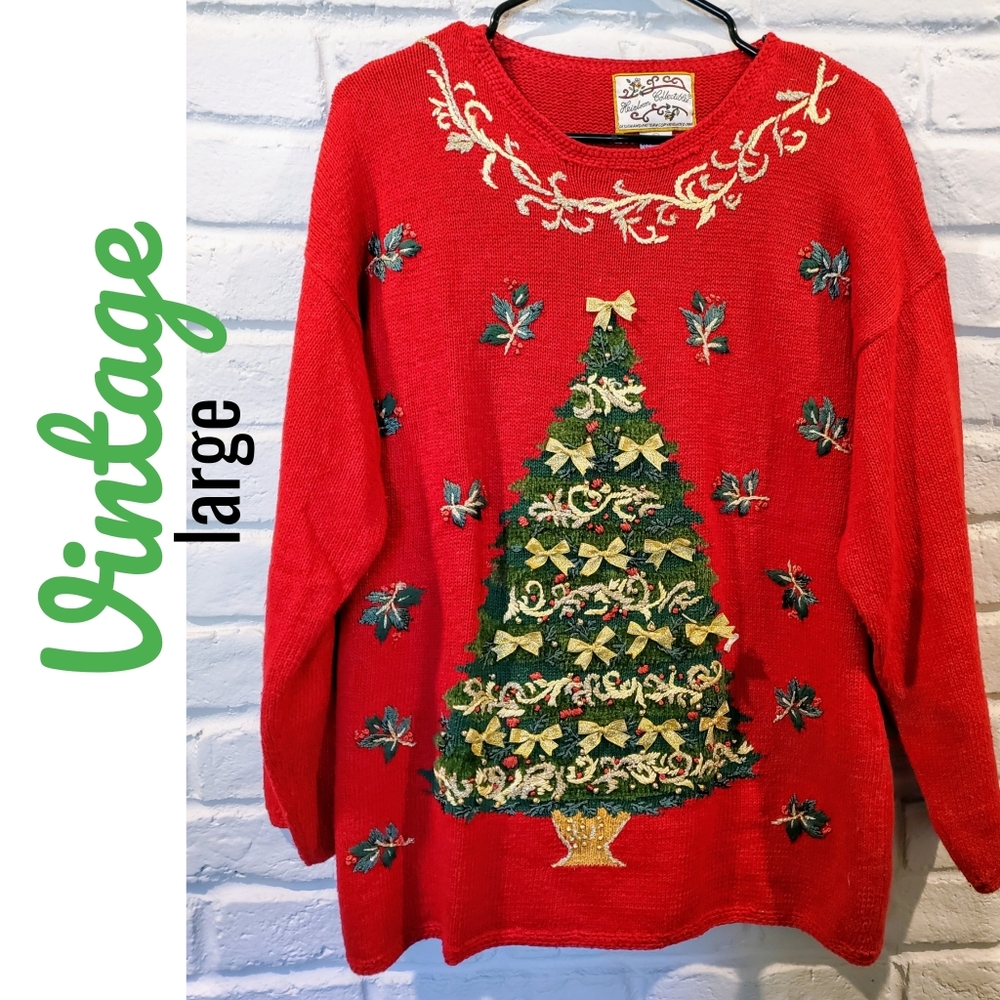 Vintage Christmas tree sweater large red green